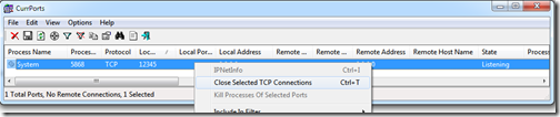 Capture d'écran de l'élément "Close Selected TCP Connections" dans CurrPorts