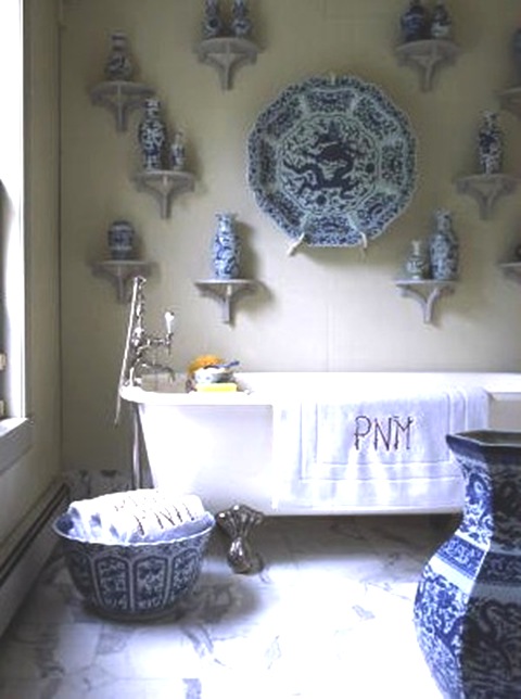 blue and white porcelain decorates a dramatic chinoiserie bathroom