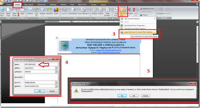 Membuat kop surat otomatis pada MS Word Membuat building blocks