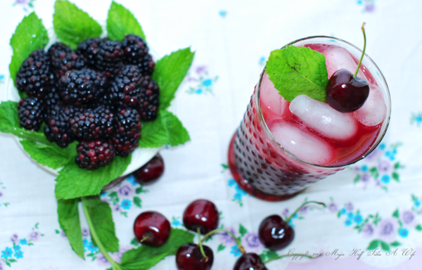 Blackberries added to cherry limade on vintage table cloth.png Blackberries added to cherry limade on vintage table cloth
