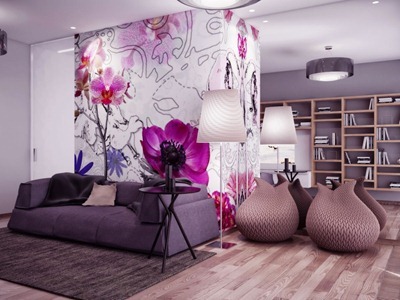 amazing-living-room-with-gray-sofa-and-pink-flower-wall-decor