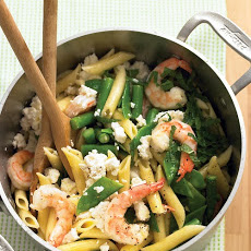 Penne with Shrimp, Feta, and Spring Vegetables