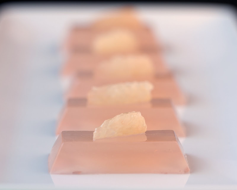 Paloma shots made with grapefruit soda, tequila, lime, and gelatin
