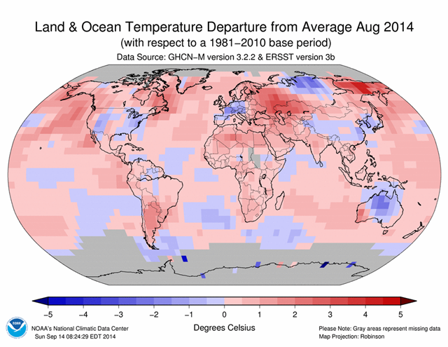 Land and ocean temperature departure from average, August 2014, with respect to a 1981-2010 base period. Summer 2014 was the warmest summer on Earth since records began in 1880. Graphic: NOAA / NCDC