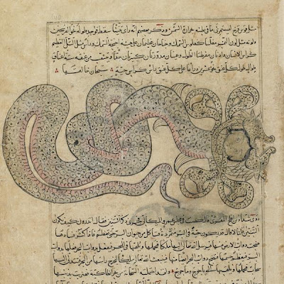 Folio from a Aja'ib al-makhluqat (Wonders of Creation) by al-Qazvini; recto: The Sea-Serpent/Dragon (al-Tannin); verso: Julka (Julka), Dolphin (Dulfin), Dhuiban (Dhu'iban) | Origin: Iraq or Eastern Turkey | Period: early 15th century | Details: Not Available | Type: Opaque watercolor, ink, gold and silver on paper | Size: H: 32.7 W: 22.4 cm | Museum Code: F1954.70 | Photograph and description taken from Freer and the Sackler (Smithsonian) Museums. df7ebbef649e49fcb5735322520f92eb.jpg