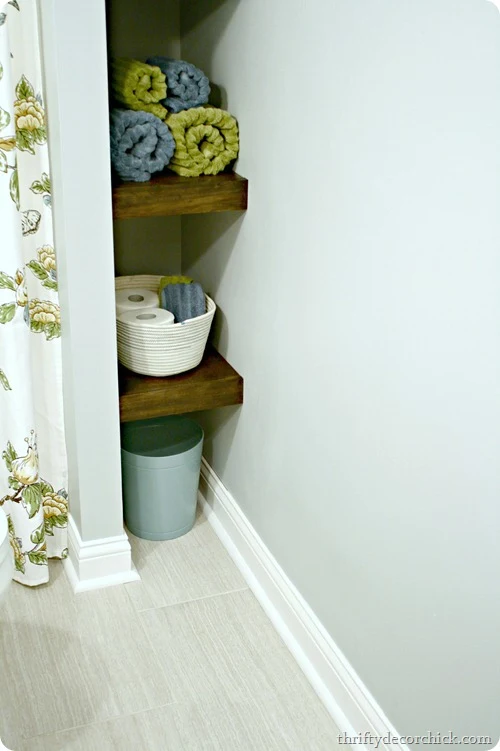 wood shelves in bathroom @ thriftydecorchick.com