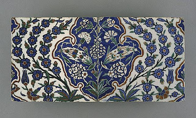Tile [two of two] | Origin: Turkey, Iznik, Ottoman | Period:  last quarter of the 16th century | Collection: The Phil Berg Collection (M.71.73.37b) | Type: Ceramic; Architectural element, Fritware, underglaze painted in red, blue, green and black, 8 x 19 in. (20.3 x 48.3 cm)