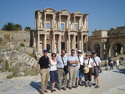 Day 10: Ephesus; the group poses in front of the magnificient Library