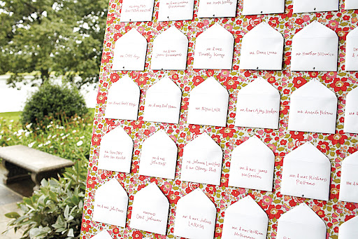 the finished pin-board displaying the seating card envelopes.