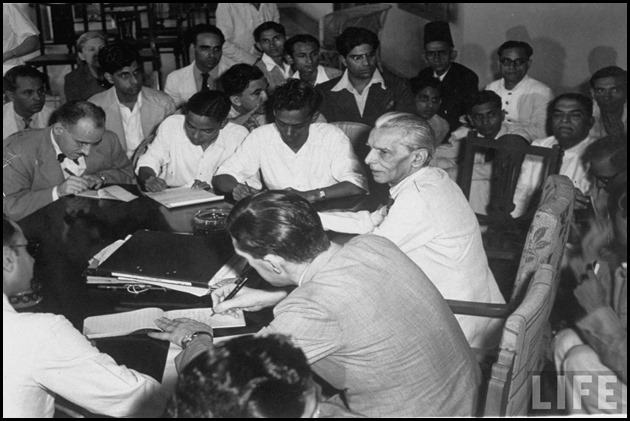 Mohammed Ali Jinnah (R) holding press conference renouncing Indian Cabinet Plan & declaring intention to create Pakistan