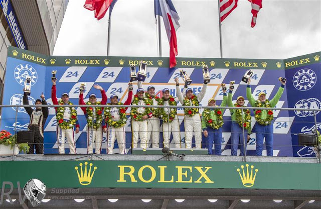 Prizegiving GTE Am 2nd: 67 - IMSA PERFORMANCE MATMUT (FRA) 1st: 50 - LARBRE COMPETITION (FRA) 3rd: 57 - KROHN RACING (USA) (PHOTO: Rolex / Stephan Cooper) Prizegiving GTE Am 2nd: 67 - IMSA PERFORMANCE MATMUT (FRA) 1st: 50 - LARBRE COMPETITION (FRA) 3rd: 57 - KROHN RACING (USA) (PHOTO: Rolex / Stephan Cooper)