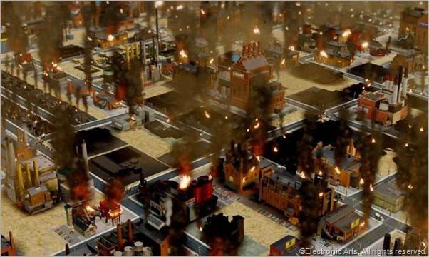 A simulated disaster in SIMCITY stands in ironic juxtaposition to the very real disaster that was the launch of the title. CLICK for full coverage from NBC News. 