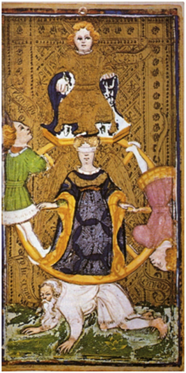 La Rueda de la Fortuna en el Tarot Visconti-Sforza, hacia 1428 La Rueda de la Fortuna en el Tarot Visconti-Sforza, hacia 1428