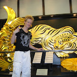 golden lion and fish at Osaka Castle in Osaka, Japan 