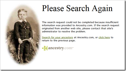 Ancestry.com error message for BillionGraves database