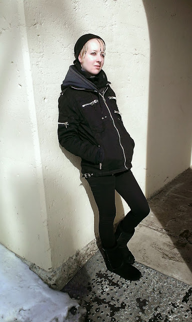 coat - Vixxsin | scarf - Charlotte Russe | hat - unknown | jeans - Lovesick | boots - Bearpaw | t-shirt - Slayer, goth industrial style fashion, tattooed pierced alternative model musician Raivyn dK