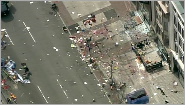 A screen grab of TV coverage of the Boston Marathon attack. This is the aftermath of one of the explosions.