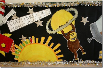 Space and Reading Themed Bulletin Board with characters from children's books!