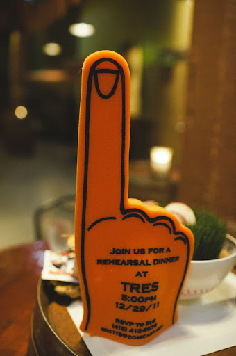 Custom foam fingers made by Canary Marketing (www.canarymarketing.com) stood in for the typical paper invitation. Custom foam fingers made by Canary Marketing (www.canarymarketing.com) stood in for the typical paper invitation.