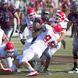McKinney proved his toughness Saturday, shown here after a face-to-face collision with South Dakota's Drew Iddings.  Washington - Grizzly Stadium, Montana Grizzlies vs. South Dakota Coyotes.  Missoula, MT, September 1st, 2012.