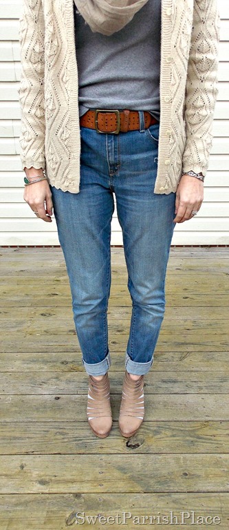 boyfriend jeans, grey T shirt, granny sweater, caged booties3