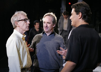 Saimir Pirgu (right) in rehearsal for Puccini's GIANNI SCHICCHI at Los Angeles Opera, with director Woody Allen (left) and conductor James Conlon (center) [Photo by Robert Millard; used with permission]