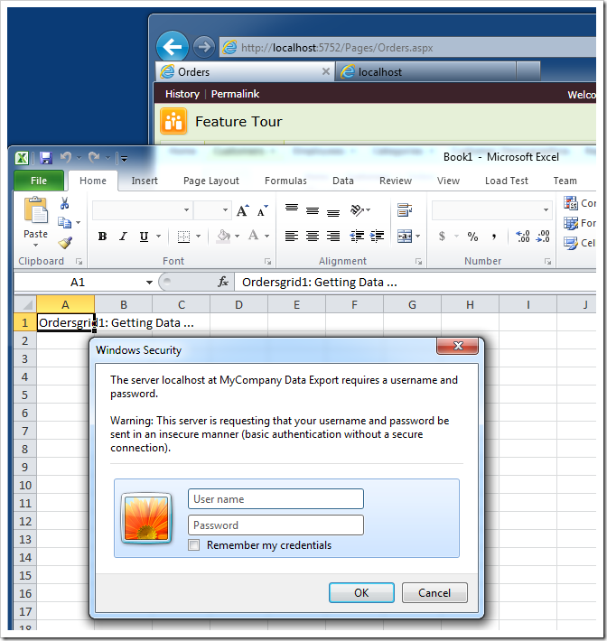 The prompt to enter the application user id/password displayed in response to 'Export to Spreadsheet' action in Code On Time web application The prompt to enter the application user id/password displayed in response to 'Export to Spreadsheet' action in Code On Time web application