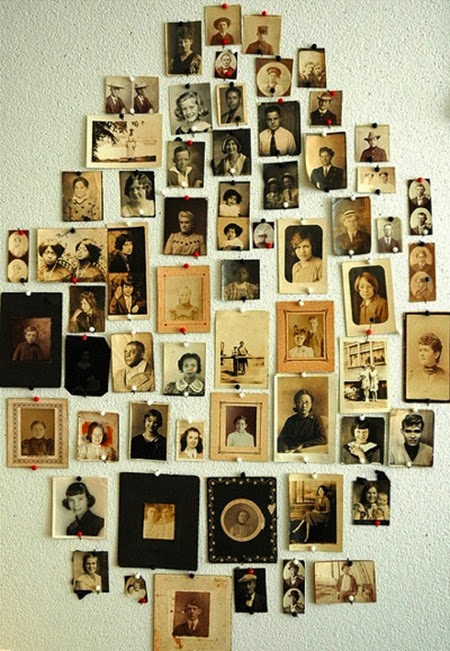 hanging old photos with thumb tacks