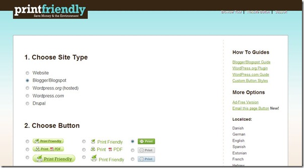 Choose your button Printfriendly, tutorial step from Setting for FOur