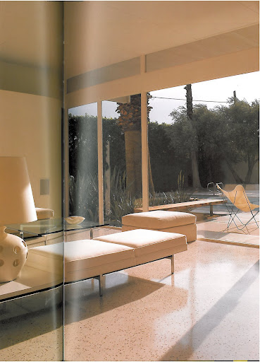 Here's an interior shot of the Wexler & Harris home with original terrazzo floors, which were hidden under unsightly shag carpeting for decades until the current owner discovered them! I considered a similar flooring option but am happy with my final decision to go with bleached wood.