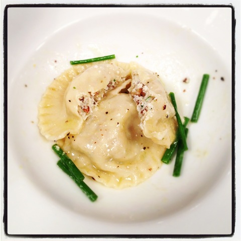 Goats cheese and walnut ravioli with chive butter at L'Atalier des Chefs
