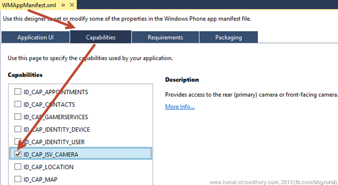 Enable the ID_CAP_ISV_CAMERA Capability in Windows Phone application