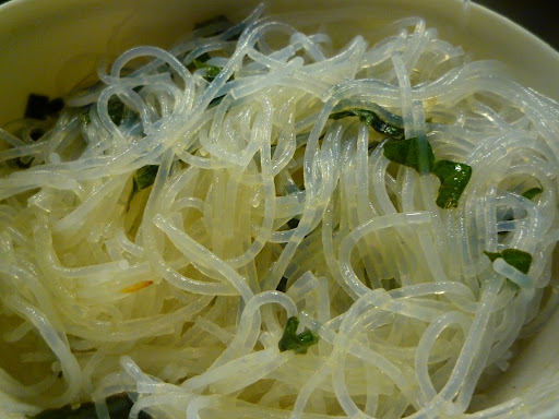 Mung bean threads (noodles) with shiso, lime juice, and toasted sesame oil.