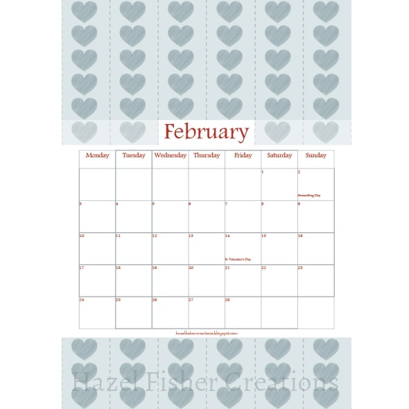 2014Feb01 free printable calendar February hearts grey