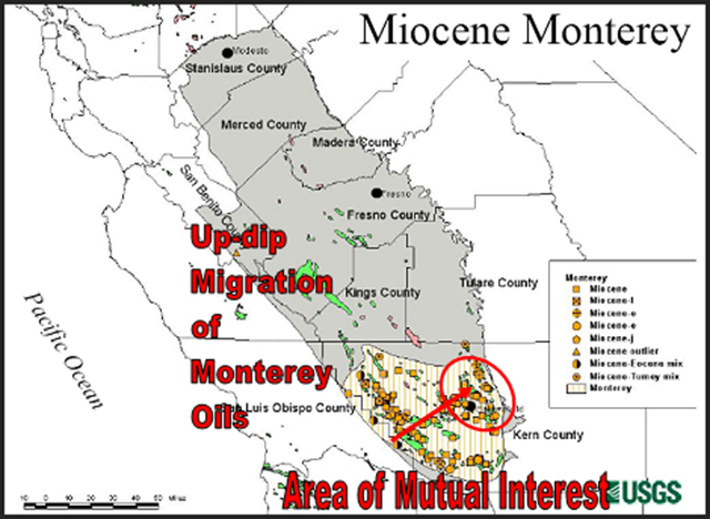 The Monterey Shale Formation in California. On 21 May 2014, the Energy Information Administration slashed its estimate of recoverable reserves from California's Monterey Shale by 96 percent, saying oil from the largest U.S. formation will be harder to extract than previously anticipated. Graphic: U.S. Energy Information Administration, July 2011