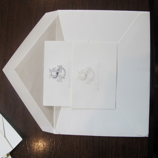 The final product! A soft gray envelope lining, with two varied gray inks for the typing and the double border (recall the Gucci card I loved). After all, there's a Martha Stewart paint called Sharkey Gray!