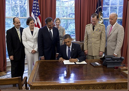President Barack Obama signs the certification stating that the statutory requirements for repeal of DADT (Don’t Ask, Don’t Tell) have been met, in the Oval Office, July 22, 2011. Pictured, from left, are: Brian Bond, Deputy Director of Public Liaison; Kathleen Hartnett, Associate Counsel to the President; Secretary of Defense Leon Panetta; Kathryn Ruemmler, Counsel to the President; Chairman of the Joint Chiefs of Staff Admiral Mike Mullen; and Vice President Joe Biden. (Official White House Photo by Pete Souza)<br /><br />This official White House photograph is being made available only for publication by news organizations and/or for personal use printing by the subject(s) of the photograph. The photograph may not be manipulated in any way and may not be used in commercial or political materials, advertisements, emails, products, promotions that in any way suggests approval or endorsement of the President, the First Family, or the White House.