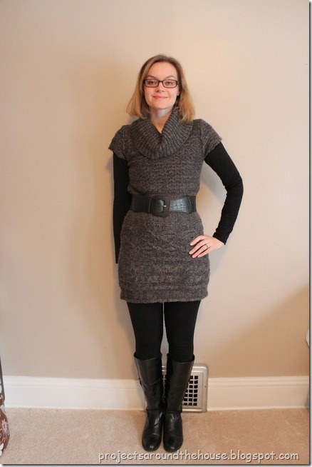 belted gray sweater dress, black leggings, knee high boots belted gray sweater dress, black leggings, knee high boots