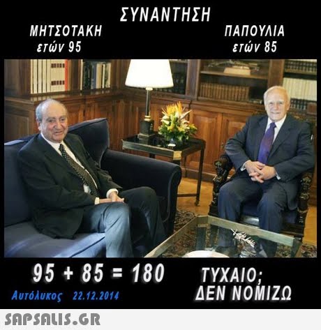 ΣΥΝΑΝΤΗΣΗ ΠΑΠΟΥΛΙΑ ετών 85 ΜΗΤΣΟΤΑΚΗ ετών 95 95 + 85-180 Αυτόλυκος 22.12.2014  ΤΥΧΑΙΟ; ΔΕΝ ΝΟΜΙΖΩ
