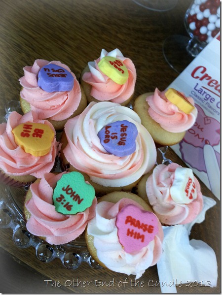 Custom Conversation Hearts on Valentine Cupcakes via TheOtherEndOfTheCandle.com