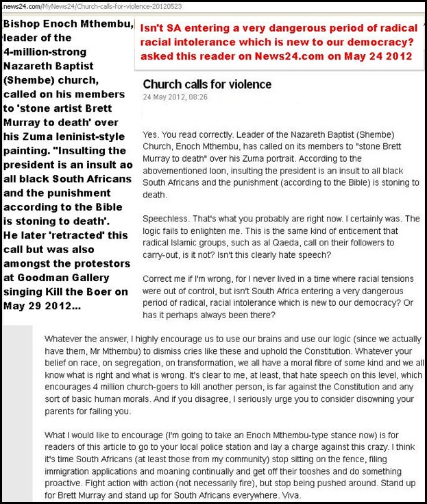 Black racist hatespeech ZUMA painting BAPTIST CHURCH LEADER ENOCH MTHEMBU CALLS FOR STONING TO DEATH OF ARTIST BRETT MURRAY