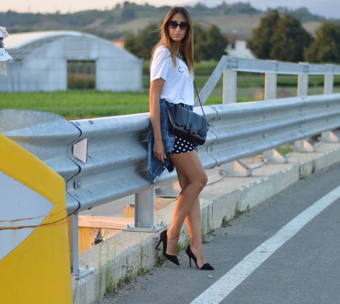 fake t-shirt, fake Celine, Celine t-shirt, polka dots, zara shoes, zara bag, camicia legata in vita, fashion, fashion blogger, outfit, inspiration, fashion blogger firenze, blogger firenze