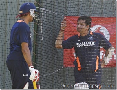 India's VVS Laxman, left, talks to Sachin Tendulkar in the nets during a training session at the WACA in Perth, Australia on Wednesday, Jan. 11, 2012. Australia will play India