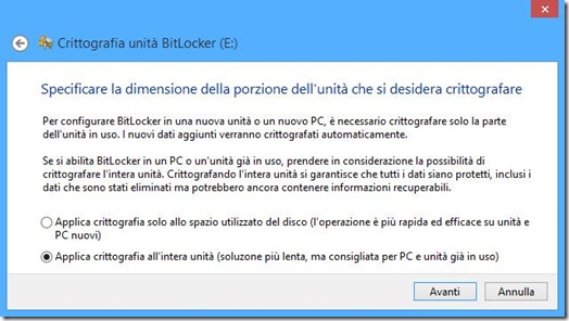 BitLocker specificare la dimensione della porzione di memoria dell’unità che si desidera crittografare