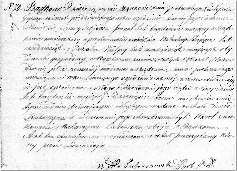 Baptism of Katarzyna Tobiasz - 15 Nov 1850 - No 70 - Badkowo Parish