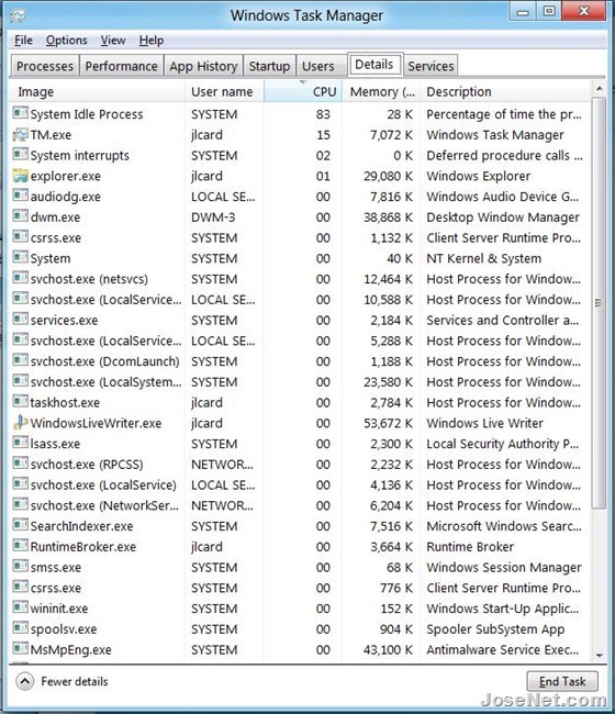 Windows 8 Task Manager Detail Tab