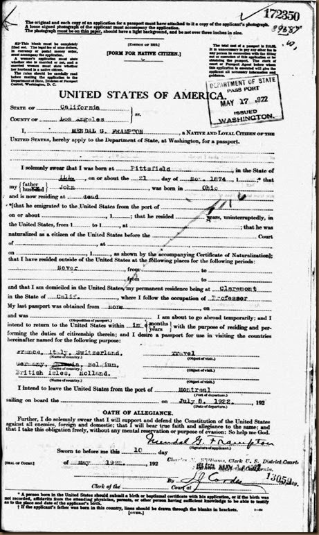 FRAMPTON_Mendall_Passport application_27 May 1922_page 1