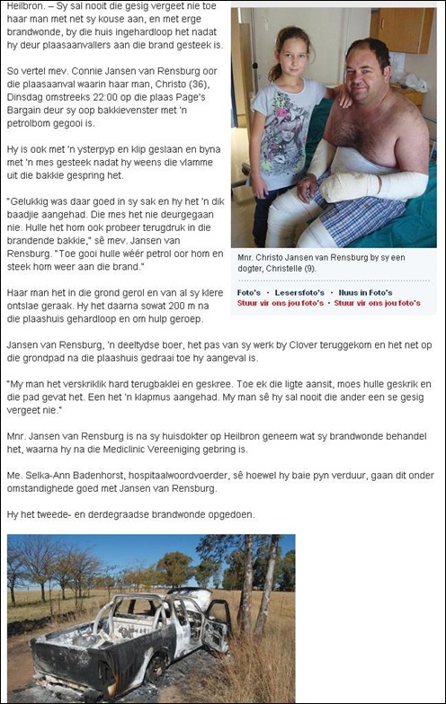 VAN RENSBURG Christo Beeld story FARMER TORCHED WITH PETROL BOMBS TWO BLACK MALES HEILBRON APR11 2012 VAN RENSBURG Christo Beeld story FARMER TORCHED WITH PETROL BOMBS TWO BLACK MALES HEILBRON APR11 2012