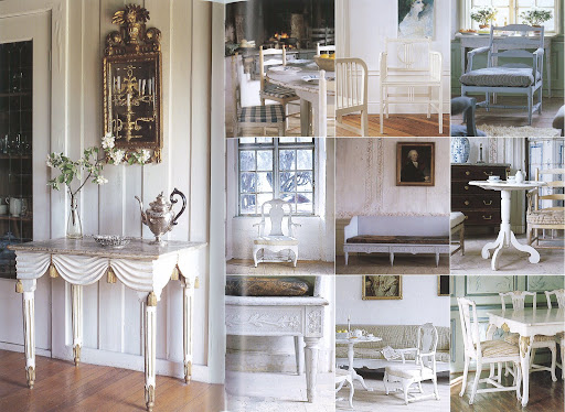 Painted furniture with pale colors show off highlights of carved wood consoles, detailed chairs and long benches.