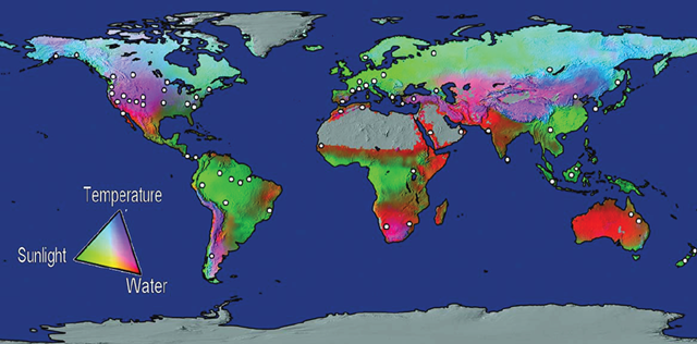 White dots indicate documented localities with forest mortality related to climatic stress from drought and high temperatures. Background map shows potential environmental limits to vegetation net primary production (Boisvenue and Running, 2006). Drought and heat-driven forest mortality often is documented in relatively dry regions (red/orange/pink), but also occurs outside these regions. Allen et al., 2010